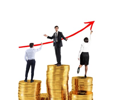 Business team draws red growing arrow of company statistics over the piles of money