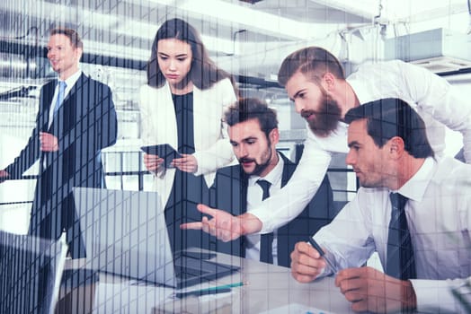 Business people in office connected on internet network with a computer. concept of startup company. double exposure