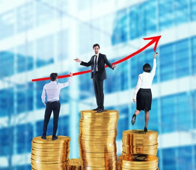 Business team draws red growing arrow of company statistics over the piles of money