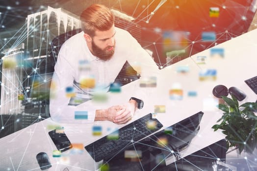 Businessman in office connected on internet network with a computer. concept of startup company