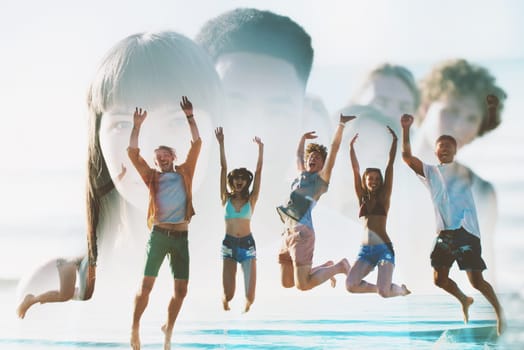 Happy smiling friends jumping over the sea of the beach. double exposure