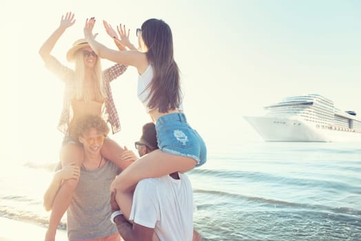 Happy smiling couples who travel by a big cruiseship. Concept of holiday and summertime