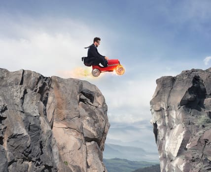Fast businessman with a car wins against the competitors. Concept of business success and competition