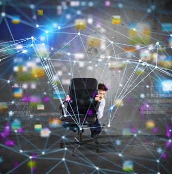 Businessman behind the chair has fear of internet technology network