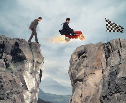 Fast businessman with a car wins against the competitors. Concept of business success and competition