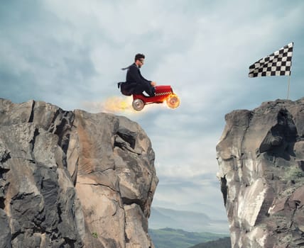 Fast businessman with a car wins against the competitors. Concept of business success and competition