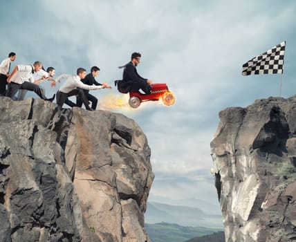 Fast businessman with a car wins against the competitors. Concept of business success and competition