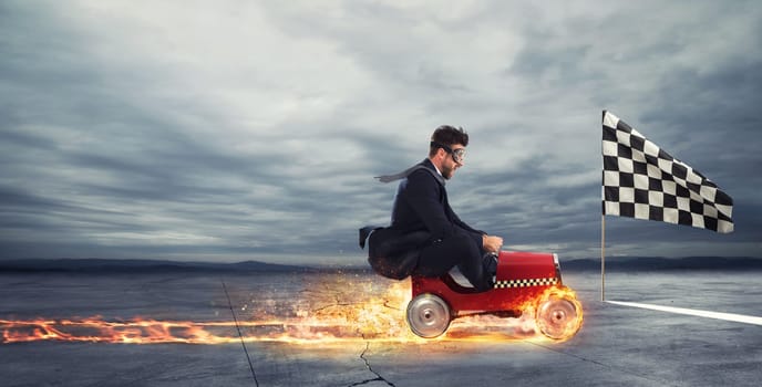 Fast businessman with a car wins against the competitors. Concept of business success and competition