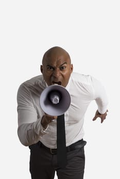 Concept of shouting businessman on white background
