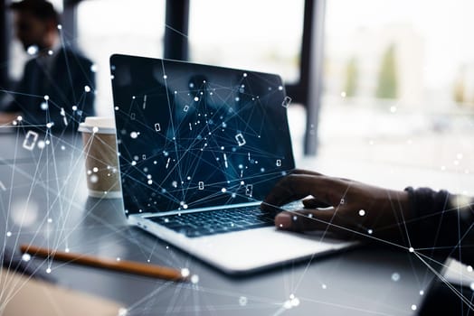 Businessman works in office with a laptop with internet network effects. Concept of internet sharing and company startup