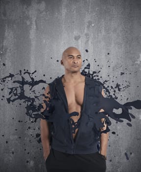Concept of fitness with black man and spray