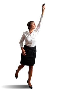 Isolated young businesswoman drawing on wihteboard