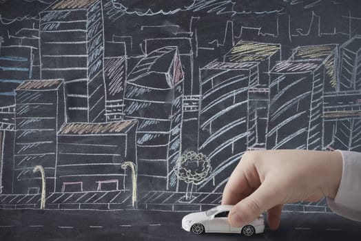 Concept of business on the move with a car in a abstract city