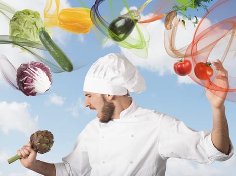 Chef sings with an artichoke as microphone