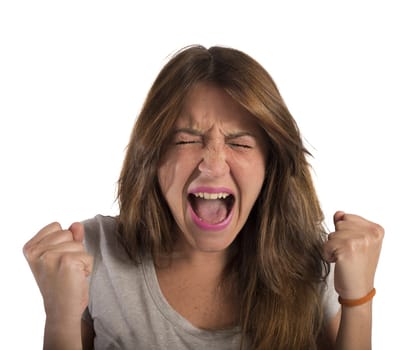 Aggressive businesswoman stressed out from work screams