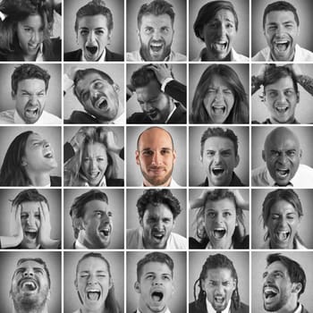 Collage of people yelling and one smiling