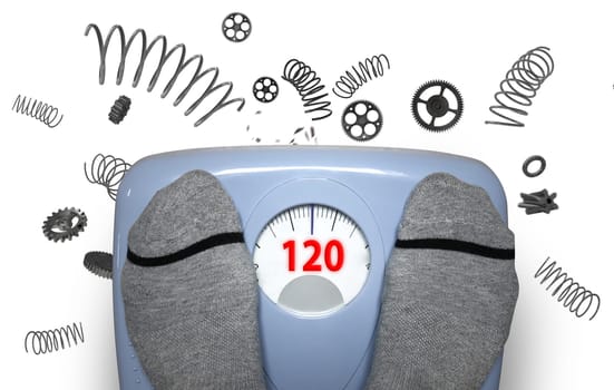 Person check his weight with a balance that explodes.