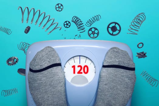 Person check his weight with a balance that explodes.