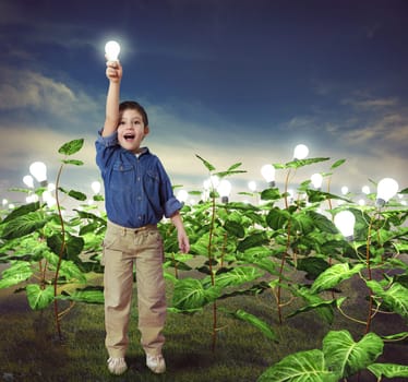 Baby with lightbulb in a ideas field