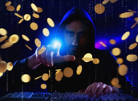 Hacker catches money from a bank account. Concept of security