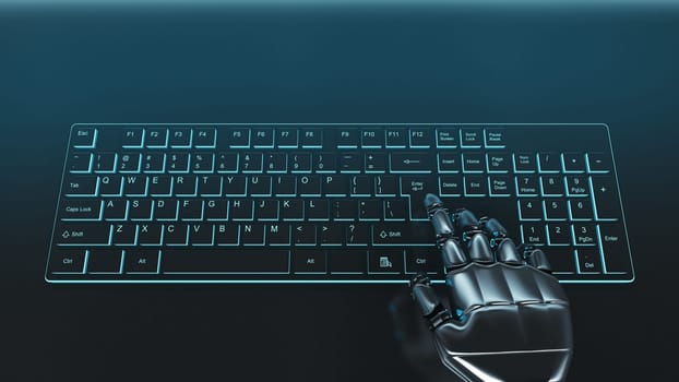 Finger of an iron robot touches a laptop keyboard