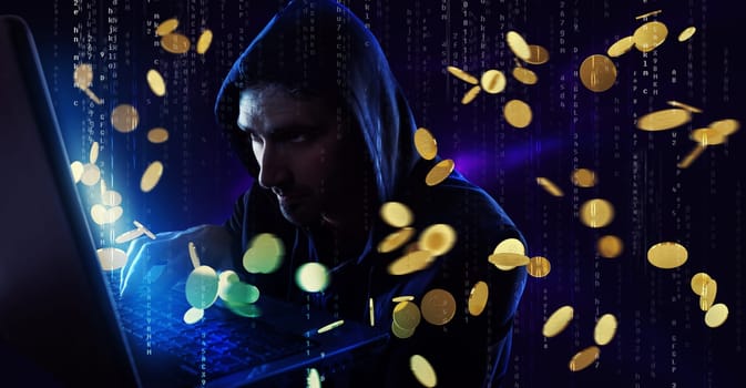 Hacker catches money from a bank account. Concept of security