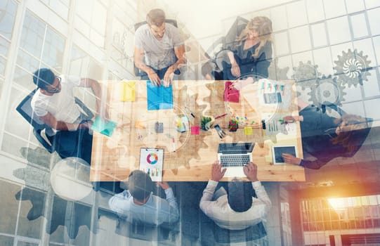 Business person work together in a table in office. concept of teamwork, business partnership and startup. double exposure