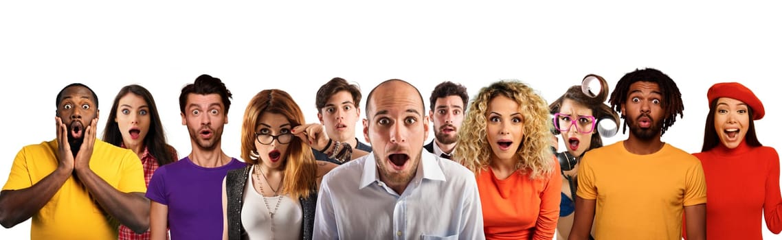 People with wondered, surprised and happy expression are shocked. Isolated on white background