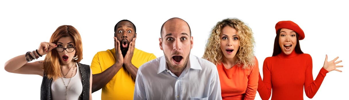 People with wondered, surprised and happy expression are shocked. Isolated on white background