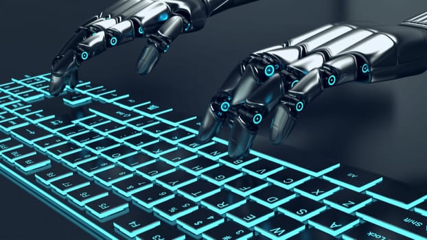 Finger of an iron robot touches a keyboard