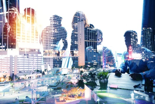 Group of business partner in office looking for the future. Concept of corporate and startup. double exposure