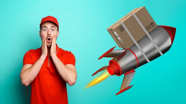 Courier has a wondered expression about a great promotion. Concept of fast delivery like a rocket.