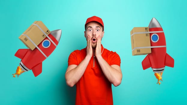 Courier has a wondered expression about a great promotion. Concept of fast delivery like a rocket.
