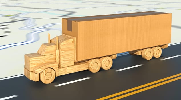 Delivery of a large box on a road map with a lorry