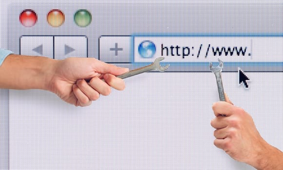 Hand with wrench over a internet web browser