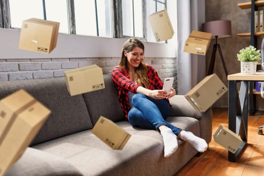 Woman does shopping through e-commerce shop. Concept of fast delivery