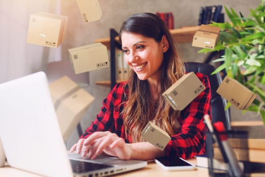 Woman does shopping through e-commerce shop. Concept of fast delivery