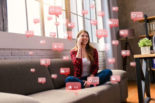 Happy woman chats with via smartphone with messages, chat and users icons
