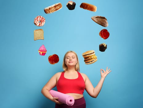 Fat girl does gym at home but she always thinks about to eat.