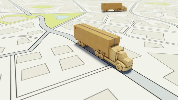 Delivery of a large box on a road map with a lorry