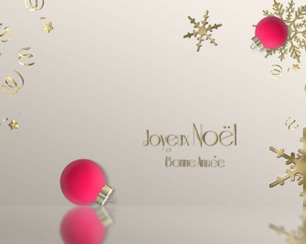 Christmas greeting template in French. Elegant Christmas wishes in French. 3D realistic pink Xmas balls, gold shiny snowflakes. Text Merry Christmas Happy New Year in French language Joyeux Noel et Bonne Annee. Place for text. 3D render