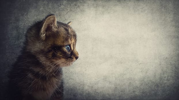 Side view close up portrait of an adorable kitten looking curious, isolated on a gray wall background with copy space for advertising. Cute little cat, striped brown and grey fur. Lovely fluffy pet