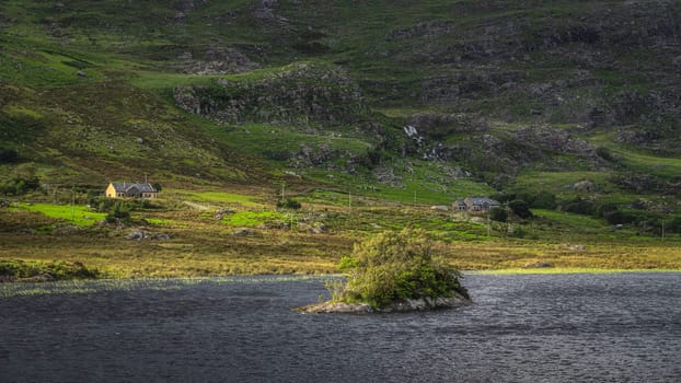 Small rocky island covered in twisted trees on Lough Gummeenduff with houses on the hill of MacGillycuddys Reeks mountains, Ring of Kerry, Ireland