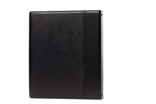 This black leather binder stands upright, featuring a smooth texture and simple design that enhances organization for documents and notes. Perfect for business or personal use.
