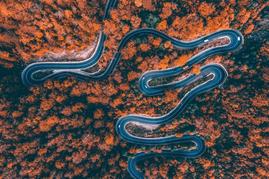 Scenic curvy road seen from a drone in autumn...