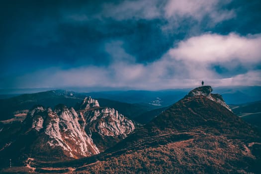 Lonely traveler in Ciucas mountains, Romania. Most scenic mountain from the Carpathians.