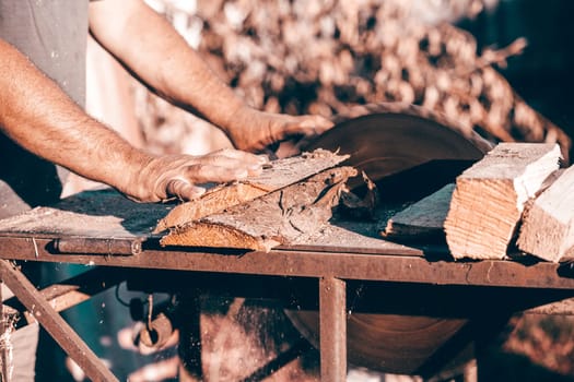 Hands of a skilled craftsman cutting a wooden plank with a circular saw in a workshop