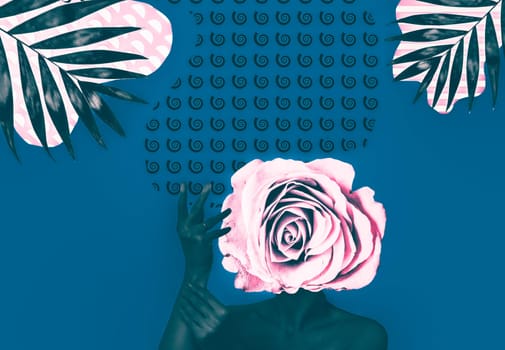 Contemporary art collage. Minimal design fashion concept. Lady with rose head and floral designes.