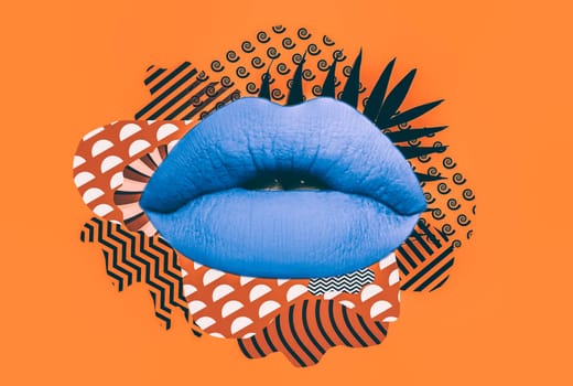 Contemporary art collage combining woman lips with retro abstract shapes and patterns