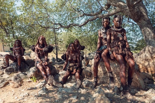 NAMIBIA, OMUSATI REGION, MAY 7: Group of young Himba woman with traditional hairstyle and red clay painted bodies. The Himba are indigenous namibian ethnic people, in northern Namibia, May 7, 2018, Namibia